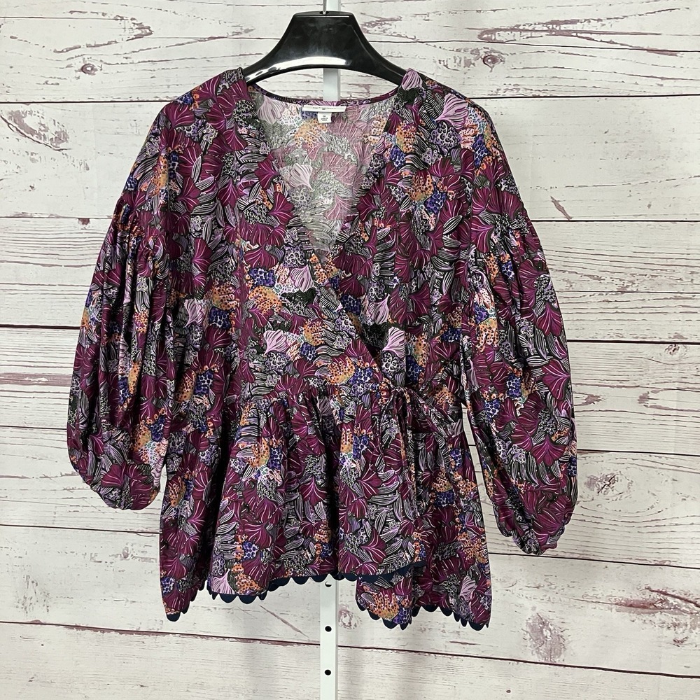 Kika Vargas Target Blouse 1X Floral Puff Sleeve Peplum Top Purple Pink Statement